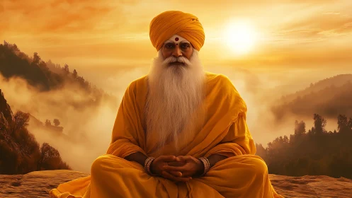 Golden-robed sage resting in sunrise-warmed mountain mist.