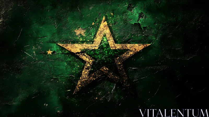 Gold textured star overlays cracked green painted surface