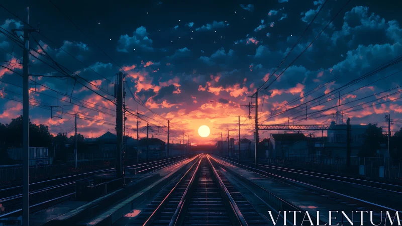 Railway horizon glows under radiant neon dusk sky.