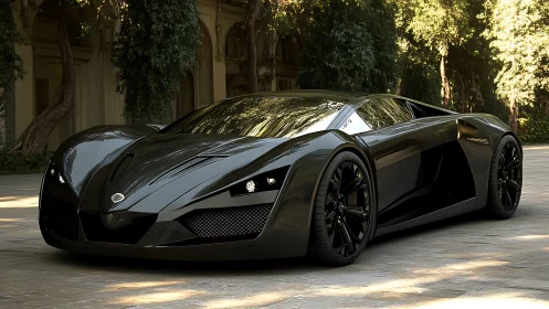Sleek black supercar parked on sunlit stone driveway.