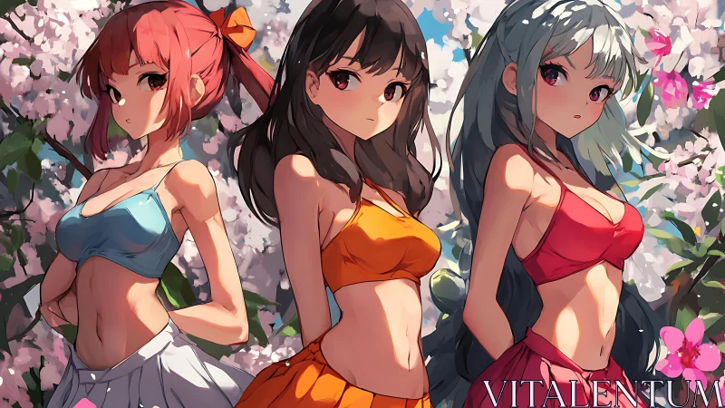 Three anime girls stand in bikinis before dense pink blossoms