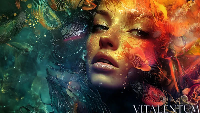 Female face merges with swirling abstract color textures