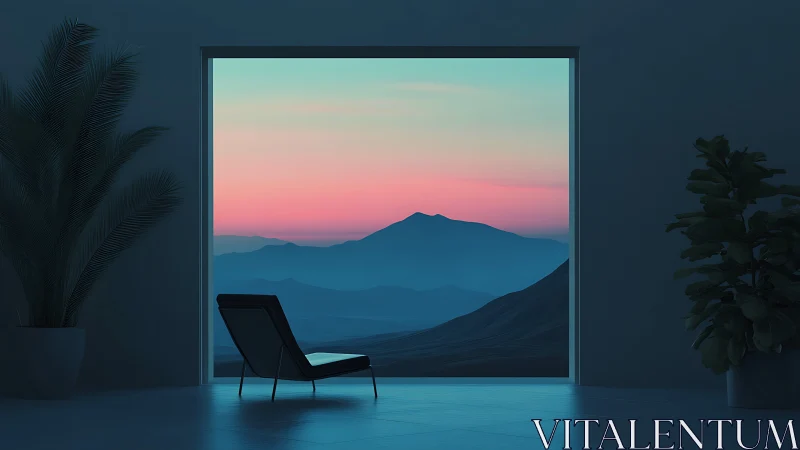Minimal lounge interior facing calm blue mountain sunset.