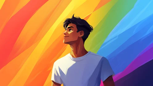 Young dreamer standing in a hopeful rainbow glow.