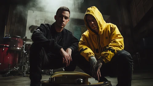 Urban duo in moody low key studio with drum kit backdrop.
