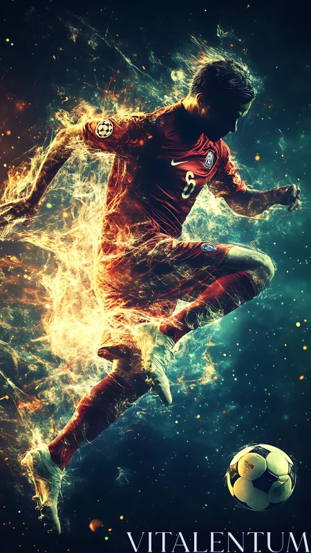 Dynamic fiery footballer in midair motion, digital painting.