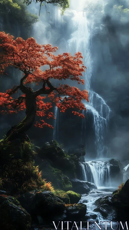 Red tree stands before misty multi tier waterfall in gorge