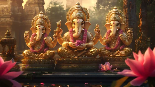 Golden Ganesha trio glows amid lotus-lit temple reverie.