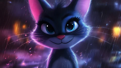 Neon Cat with Glowing Eyes in Rain