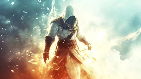 Hooded warrior walks through swirling light and rising fire