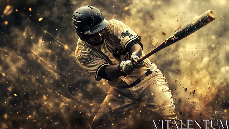 Powerful baseball swing in explosive golden dust motion.