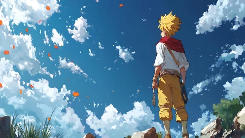 Boy stands on sunlit hill under deep blue sky and clouds