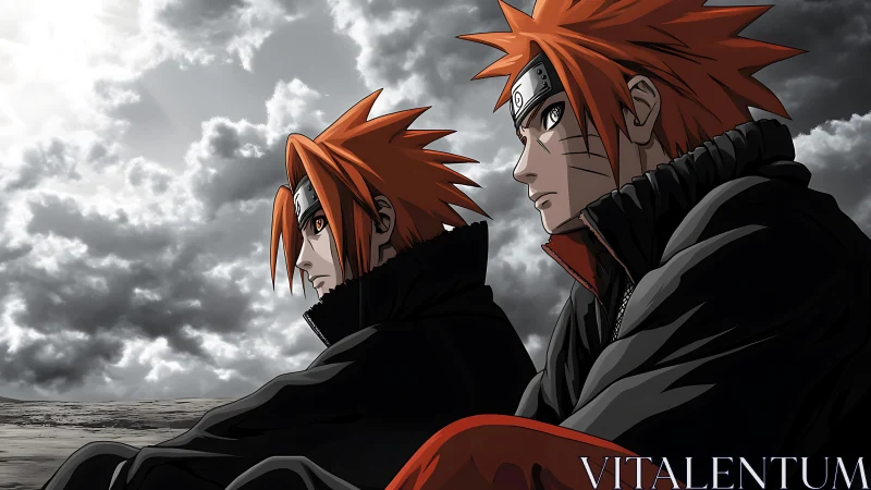 Twin anime warriors sit beneath storm-darkened skies in thought