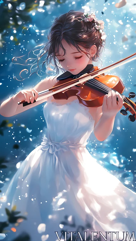 Girl in white dress playing violin with floating petals.