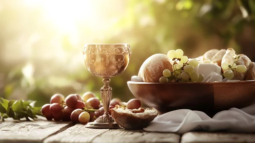 Golden chalice and rustic bread welcome a peaceful meal scene