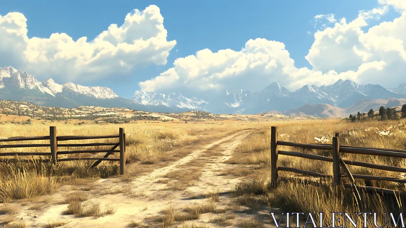 Rural dirt track leading toward distant snowcapped mountains.