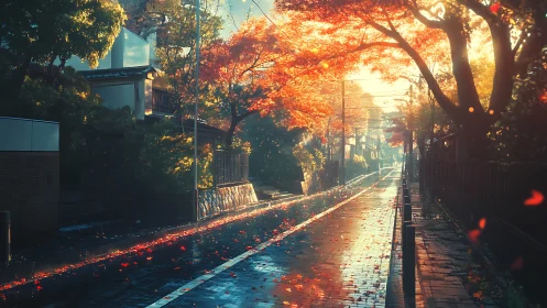 Digital painting of sunlit rainy autumn street perspective.