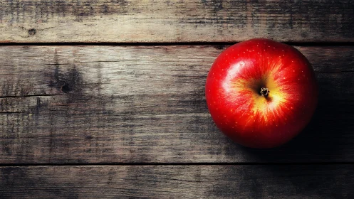 Red apple on rustic wood in high-contrast overhead light.