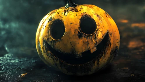 Grinning jack-o’-lantern smiles eerily in moody foggy light