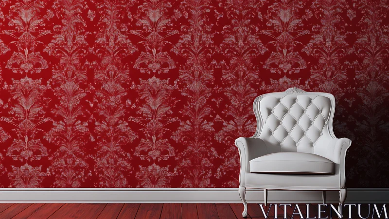 White tufted armchair against patterned red wall interior.