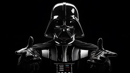 Armored dark figure extends gloved hands in stark darkness