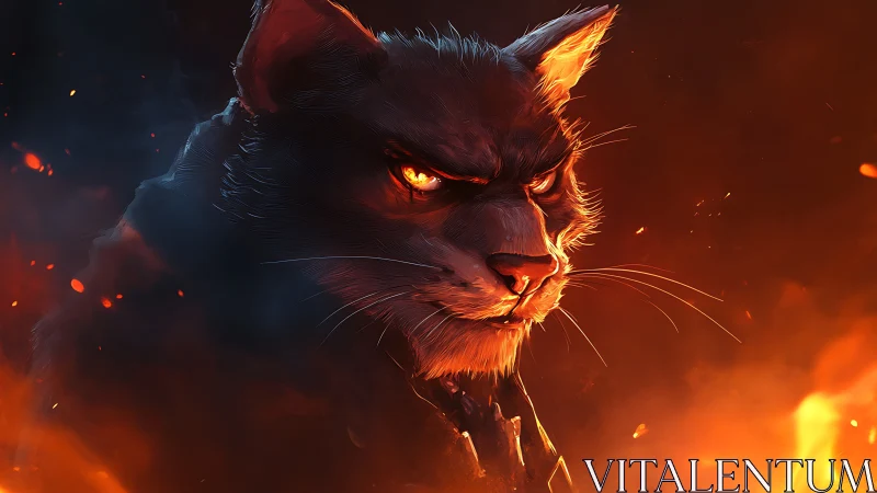 Digital feline portrait is rendered in high contrast firelight