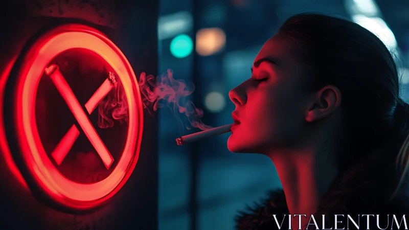 Neon no-smoking icon contrasts with side-lit woman exhaling smoke