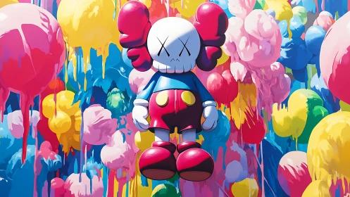 Cartoon skull figure floats amid dripping neon balloons.
