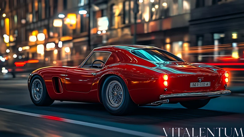 Red classic sports car on city street at night in motion.