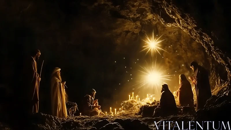 Nativity cave scene with robed figures, candles and stars.
