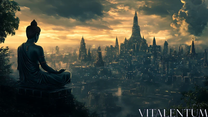 Meditating statue overlooking luminous neo-gothic megacity at dusk.