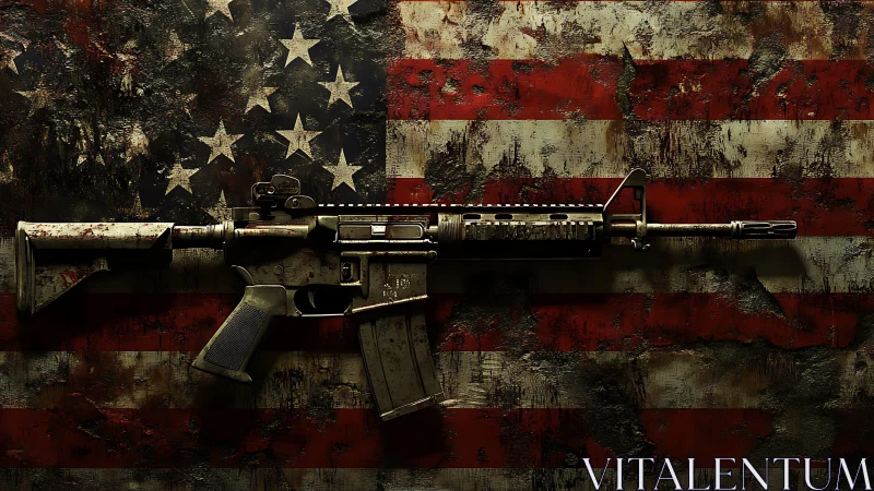 Military style rifle over distressed American flag wall.