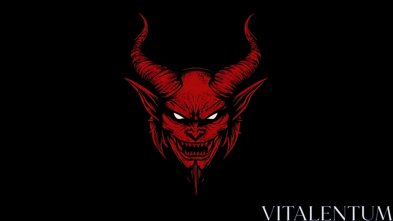 Sinister red demon bust with horns on pure black field.