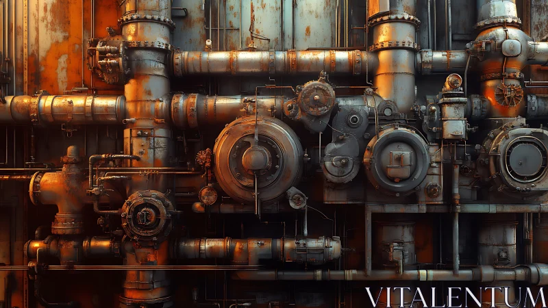 Rustlit clockwork pipes in an industrial brass labyrinth.