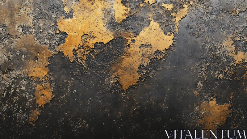 Rusted black metal surface with peeling golden corrosion.