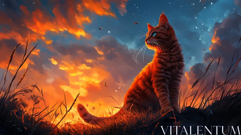Fiery Red Cat Silhouette Against Dramatic Sunset Sky.
