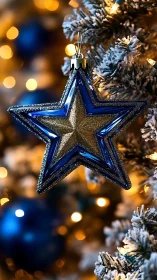 Blue glass star ornament with glitter on frosted tree.