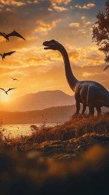 Gentle giant dinosaur wandering through a golden sunset scene.
