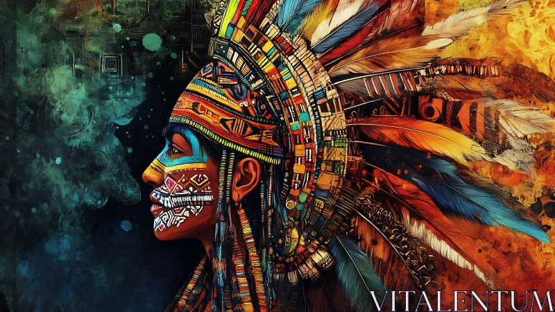 Indigenous profile portrait with ornate feathered headdress.