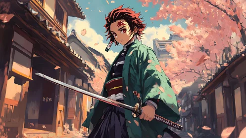 Samurai warrior stands beneath drifting cherry blossoms.