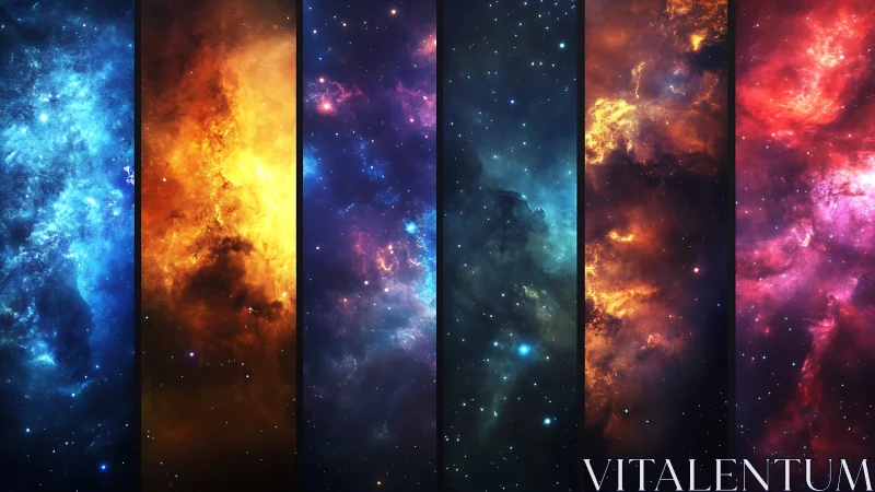 Segmented multicolor nebula bands in vertical space panels.
