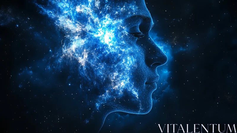 Cosmic human profile dissolving into glowing blue nebulae.