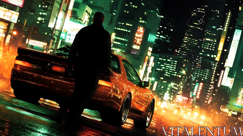 Neon rain showdown with a lone driver and blazing street machine.