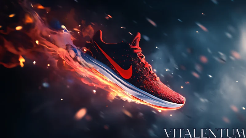 Red running shoe rendered in midair with stylized flames