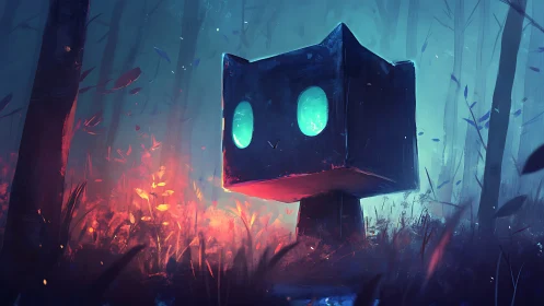 Bioluminescent cube-headed creature in neon twilight forest