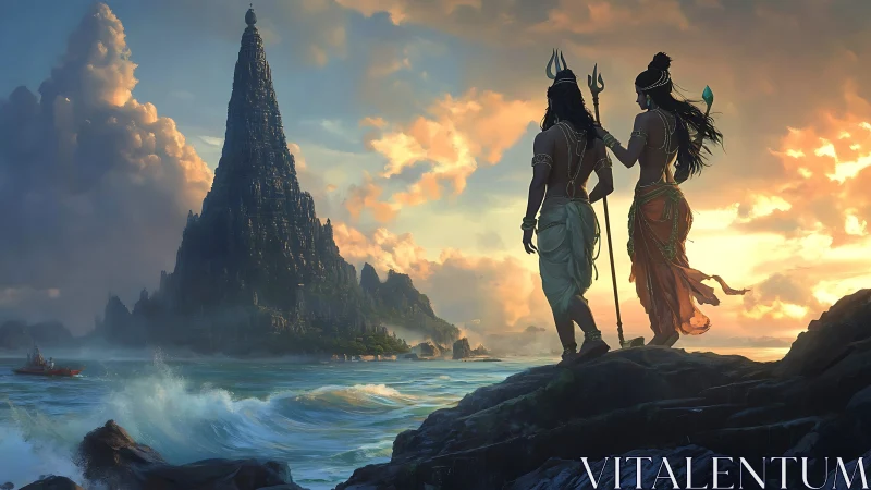 Divine figures overlooking towering ocean temple at dusk.