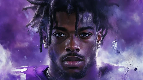 Hyperreal digital portrait of focused football player in purple