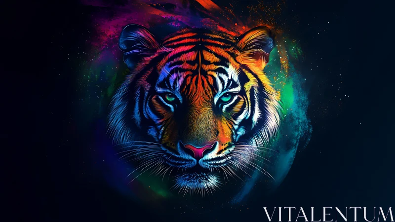 Multicolored tiger head on dark background in digital art.