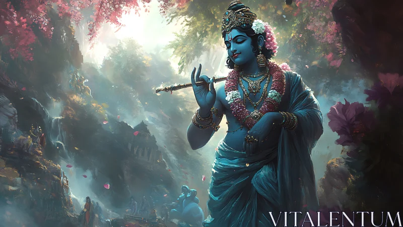 Blue flute-bearer serenades a misty enchanted valley.