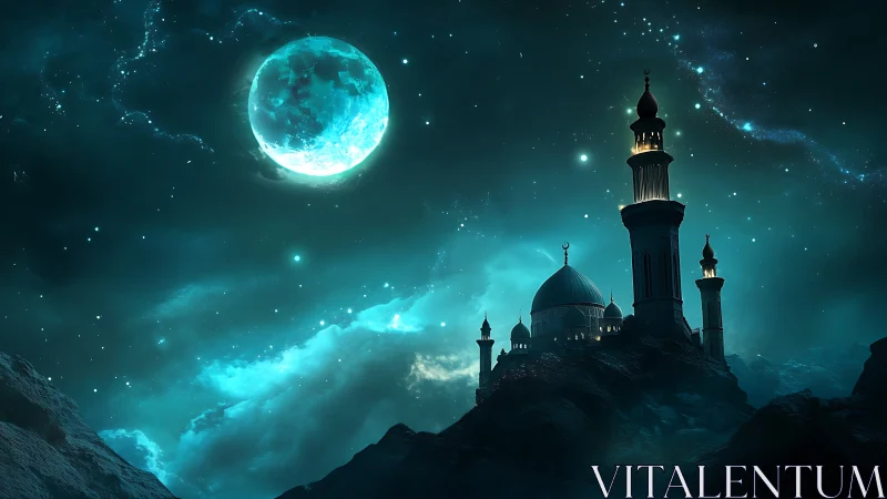 Moonlit celestial palace rises softly over starlit mountains